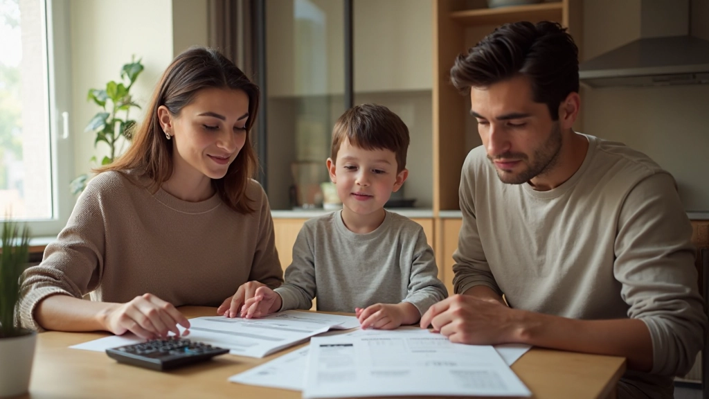 Семья обсуждает финансовый план за столом с документами и калькулятором