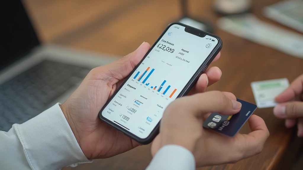 Смартфон с приложением отслеживания расходов и финансовыми графиками на экране