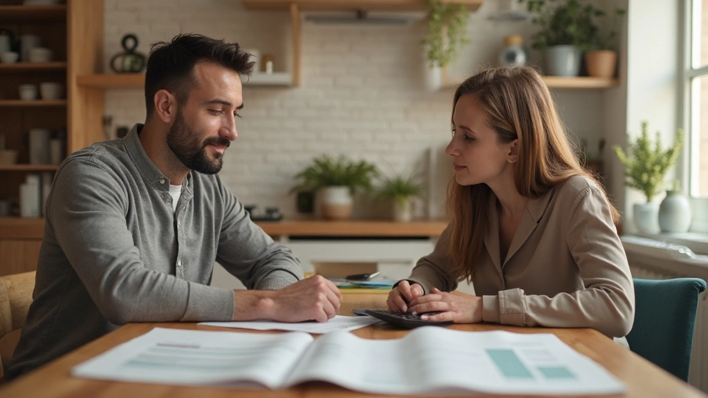 Молодая семья обсуждает семейный бюджет на кухне с документами